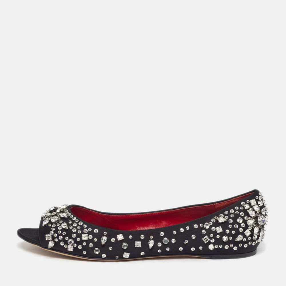 Moschino Size 40 Black Satin Crystal Embellished Open Toe Ballet Flats